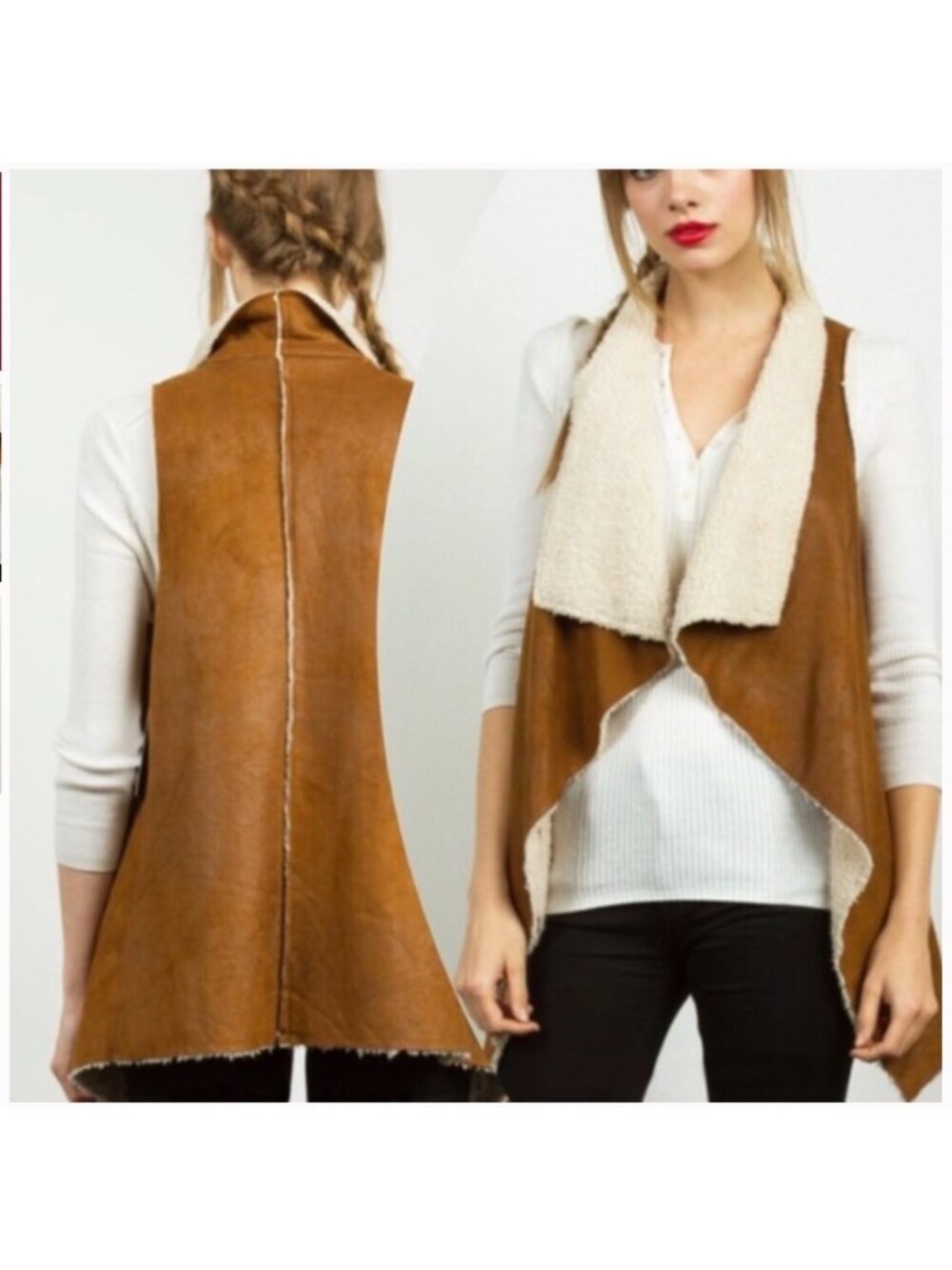 Faux Suede Sherpa-Lined Sleeveless Vest By Caleasa - Small - Brown & White